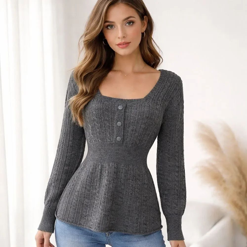 Venus Square Neck Ribbed Knit Peplum Sweater Charcoal Gray Button Front size L